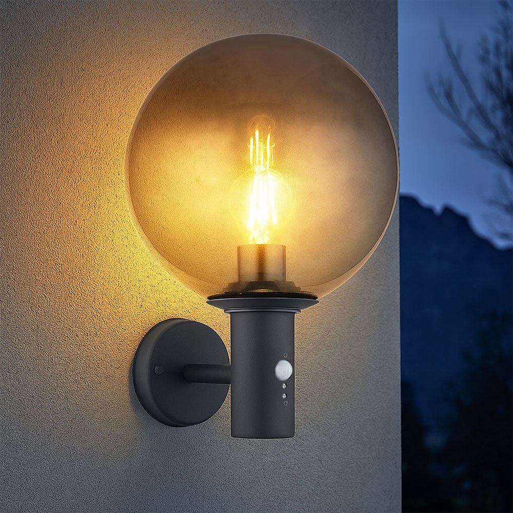 Image of Outdoor Led Wall Light With Motion Sensor, Facade Lamp, Glass Smoke, 7w 806lm Warm White, Lxwxh 26.5x25x37 Cm