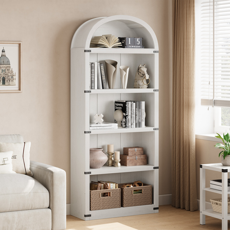 5-tier Bookshelf, 182cm Tall Bookcase & Narrow Bookcase, Arched Ladder Shelf Shelving Unit, Rustic Brown Furniture Freestanding Book Shelves For Living Room, Bedroom, Home Office, 76x30x182cm - White