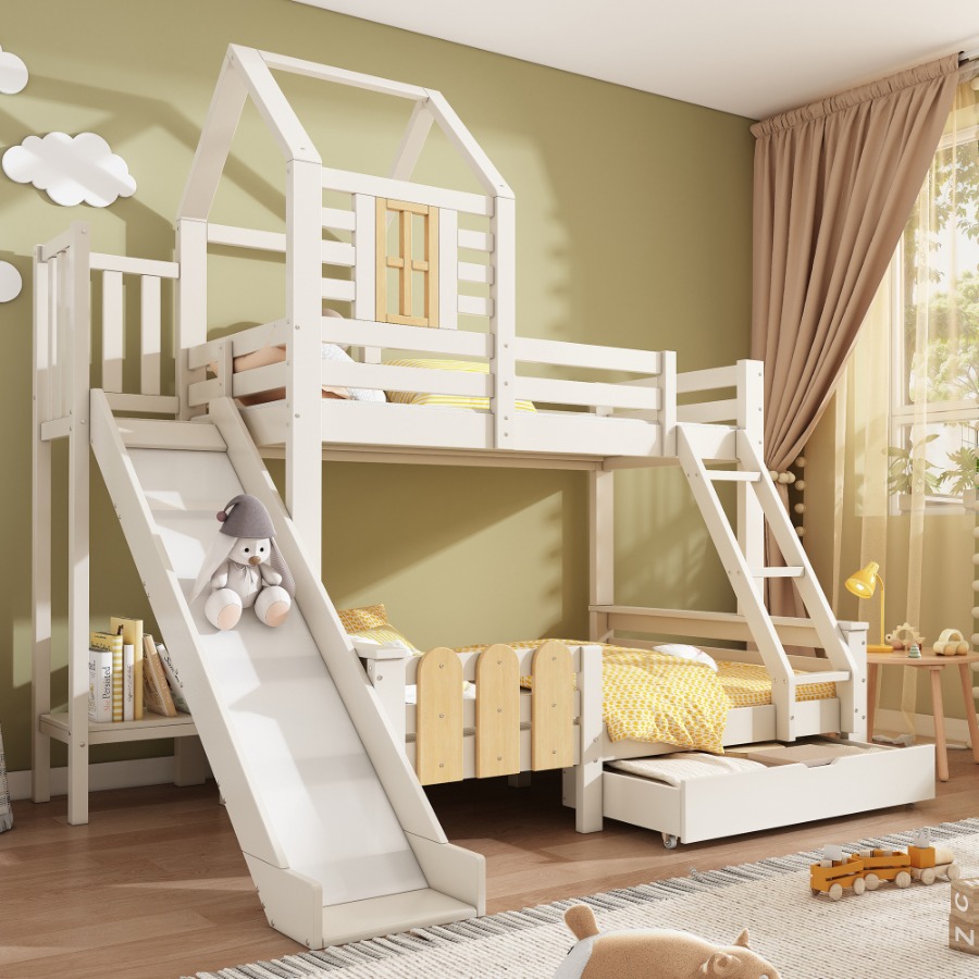 Bunk Beds for Kids, Wooden Cabin Bed with Ladder and Slide, Multi-functional Tree-house Bed, Children's House Bed, Twin Sleeper (90+135) x 190 cm, Solid Wood, White