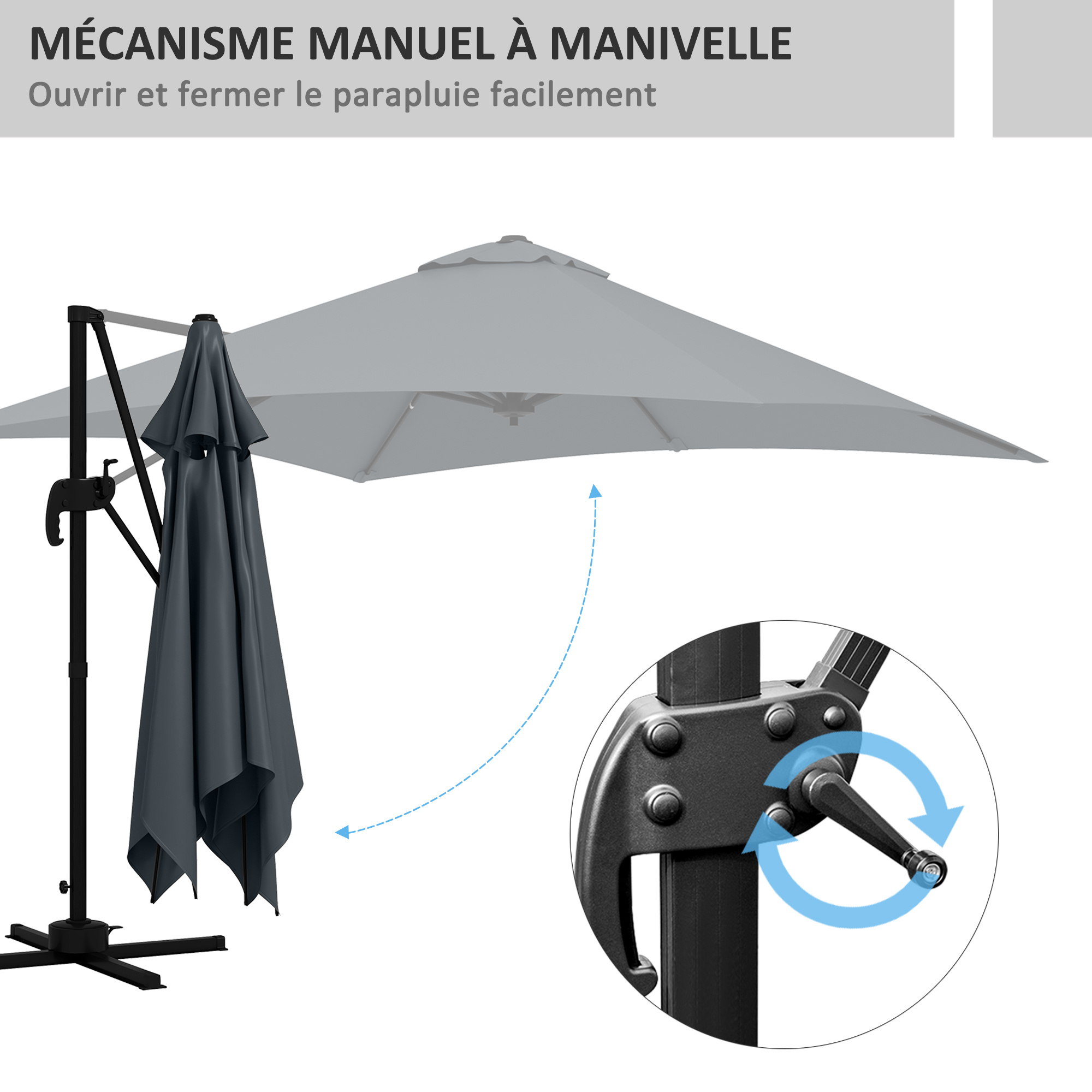 Outsunny Offset Square Tilting 360° Rotating Parasol with Crank Handle - Aluminium 3L X 3L X 2.6H M Dark Grey