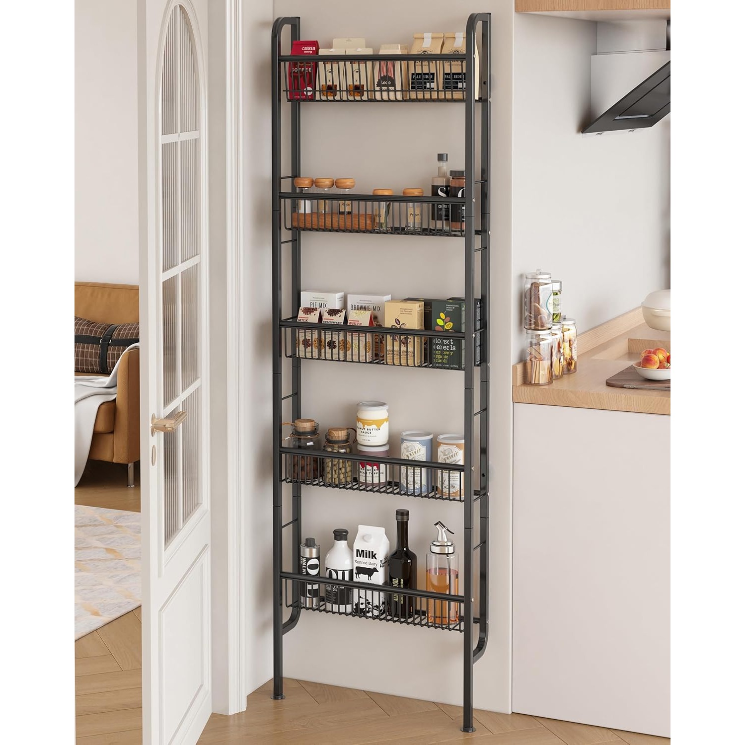 5-tier Slim Storage Shelf 9cm Width Narrow Metal Organizer Rack, Behind Door Shelf For Bathroom, Kitchen, Entryway – Rust-resistant, 2 Installation Options (black)