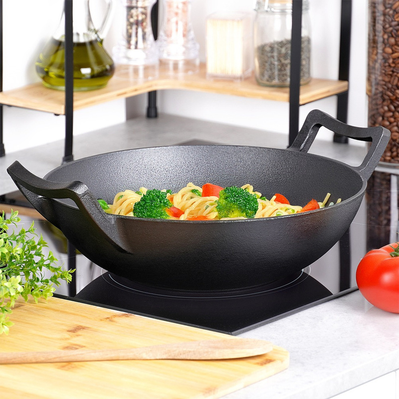 TEMU Black Cast Iron Wok Vilde Cast Line 32 Cm For , Universal For Frying And Baking, High-temperature Resistant, Fits Gas, Electric, And Induction