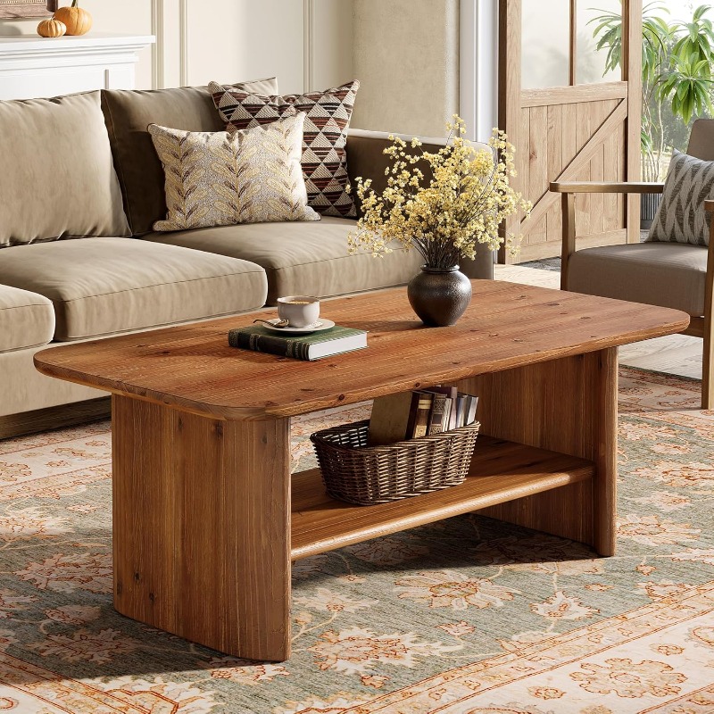 120cm Solid Wood Coffee Table With Storage, Long Rectangle 2 Tier Stable Sofa Table For Living Room Office In Brown.
