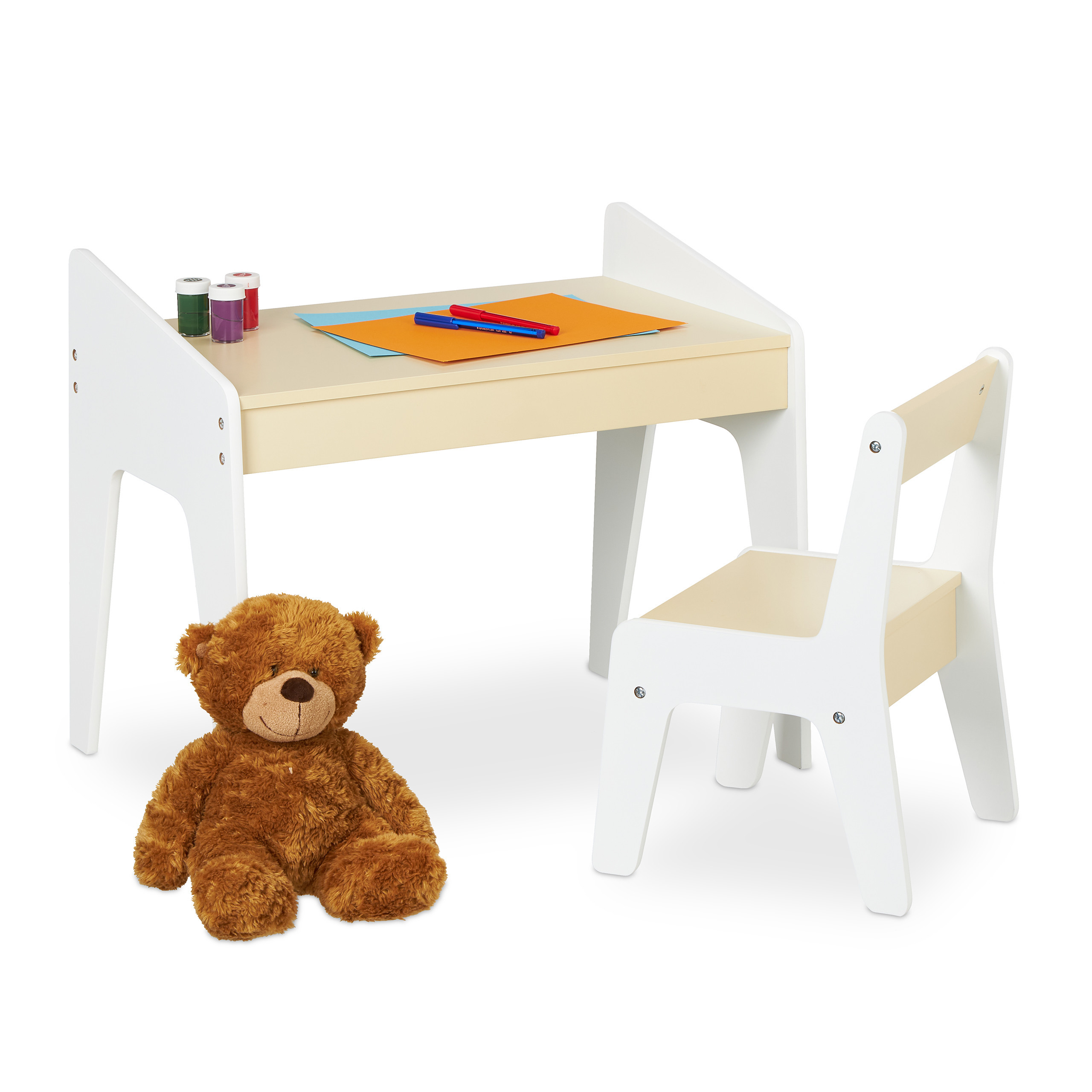 TEMU Conjunto de mesa y silla infantil de MDF, mesa y silla, beige y , mesa 51 x 60.5 x cm, silla 44.5 x 29 x 30.5 cm, altura del asiento 24 cm, para