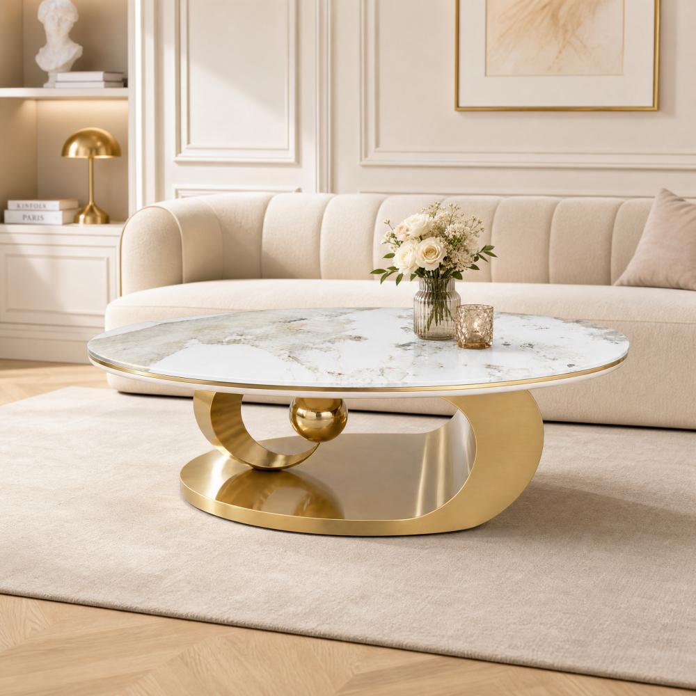 Image of Luxury Oval Coffee 120*67*41cm/ -like Tabletop With Gold Metal Frame/modern Living Room Center Table/artistic Sofa Table/suitable For Living Room And Office Use.