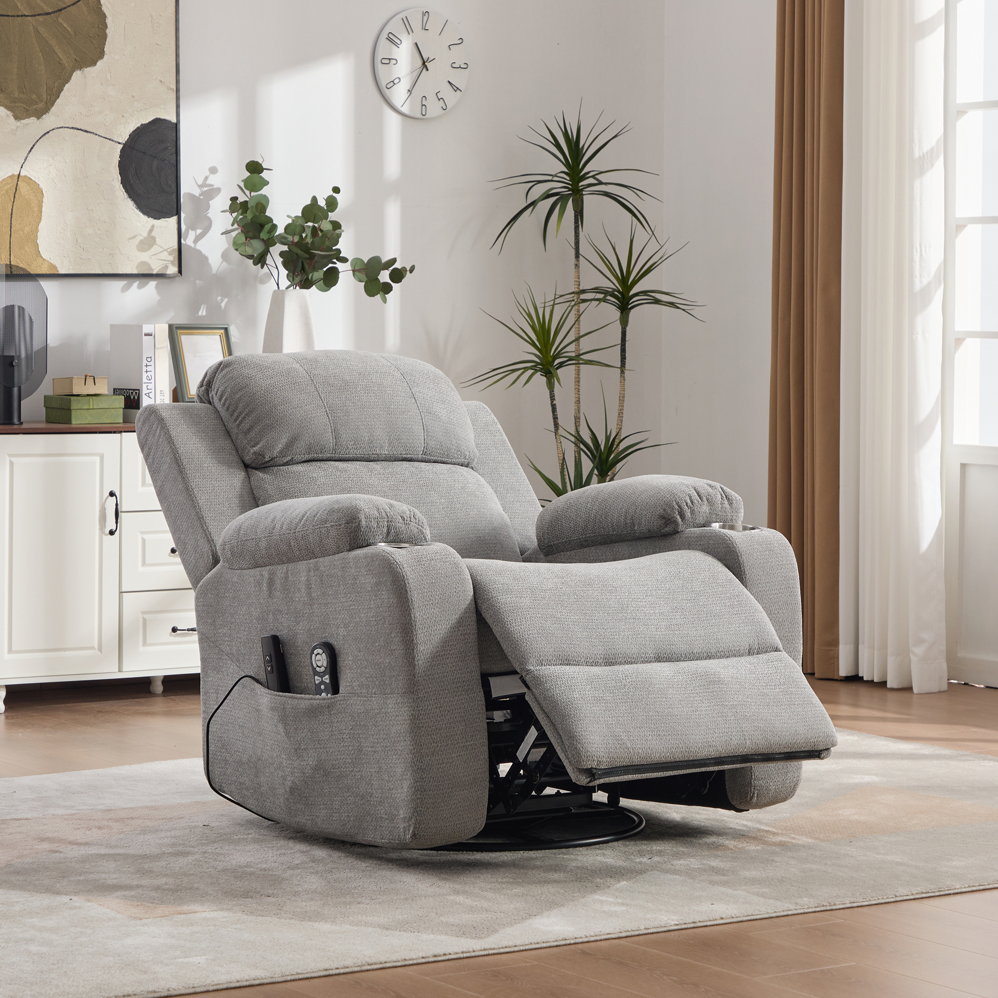 Recliner Chair With Adjustable Backrest And Footrest, As Well As Side Storage Pockets And Cup Holders. Gray