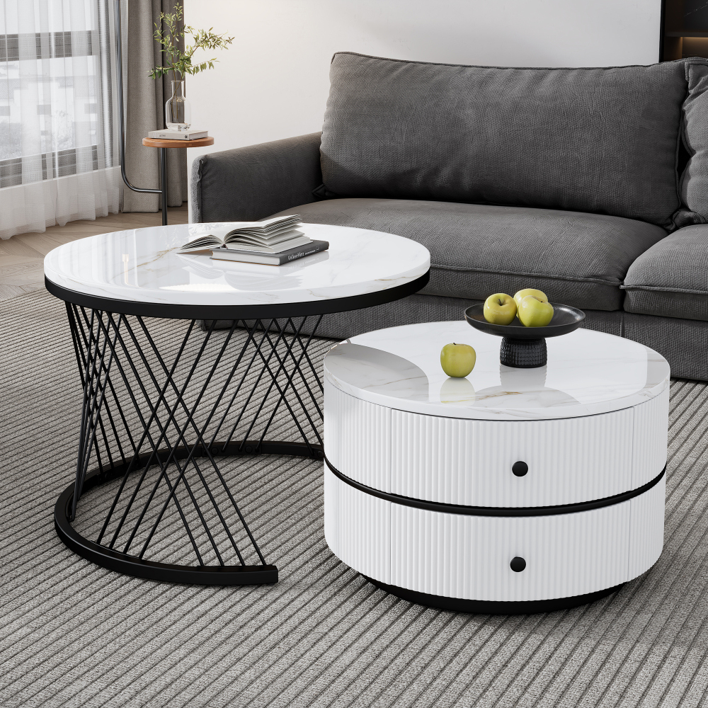 Image of 2pcs Round Coffee Table Set, Different Sizes, High-gloss Marble Optic, 2 Drawers For Living Room