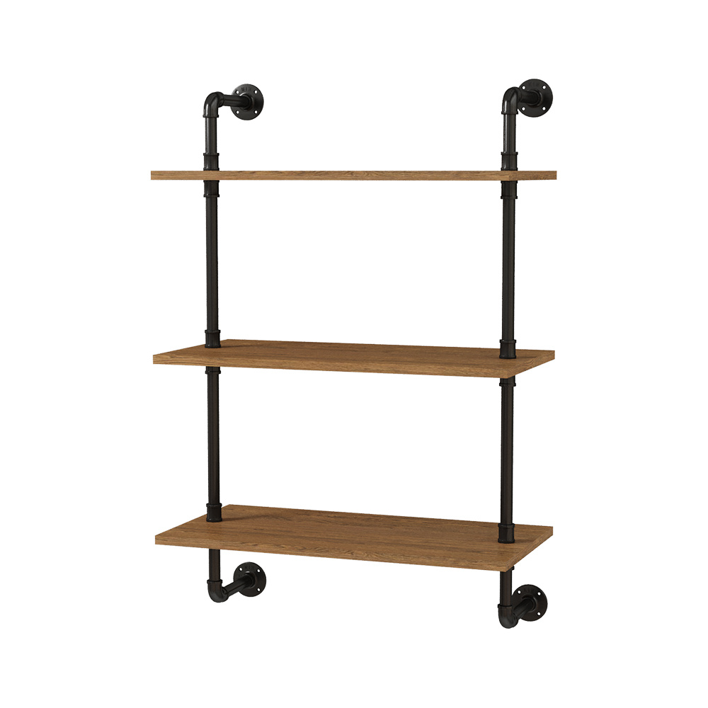 3 Tier Industrial Pipe Floating Shelf with Solid Wood Board, Open Vertical Shelf Rustic Wall Mounted BookShelf Space-saving Storage Rack, Easy Assembly, Kitchen Spice Rack, Bathroom Shelf, Storage Organizer for Books, Pictures, Plants, Sundries in Living Room, Bedroom, Hallway, Entryway, 60x30x89.7cm