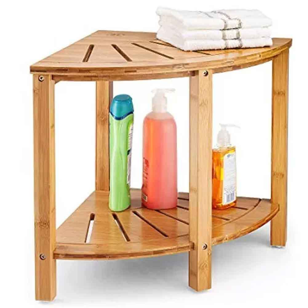 TEMU Sgabello da Bagno Angolare in Bambu Scaffale Sediolino ad 2 Ripiani Tavolino Multiuso con Ripiano Portaoggetti Portasciugamani Design Moderno