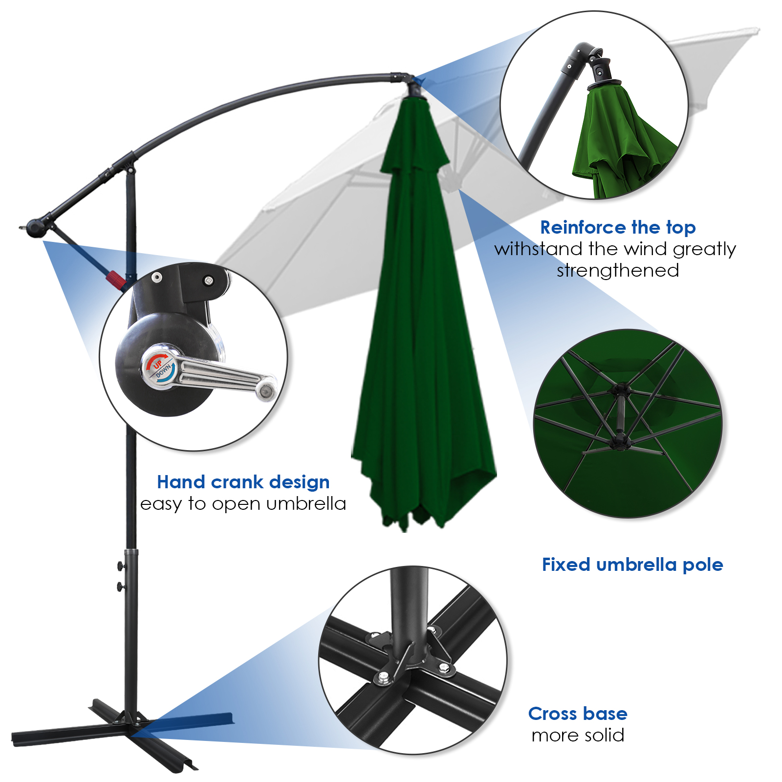 Parasol, parasol cantilever, avec support et lumière, protection solaire, protection UV jusqu'à UV30+, ouverture et fermeture faciles, pour jardin, terrasse, 300 cm