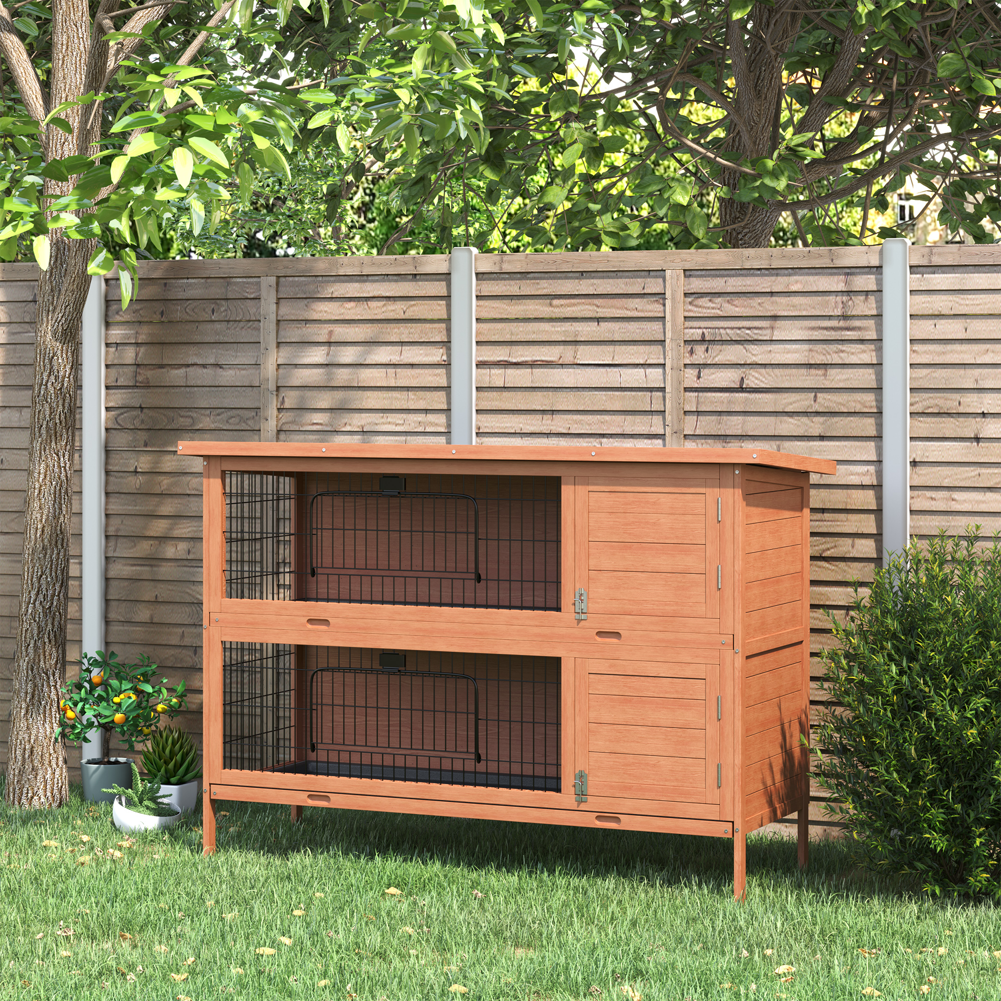 Rabbit Hutch 2-tier Wooden Rabbit Cage, 136.4 Cm X 50 Cm X 93 Cm, With Roof, 2 Doors, 2 Windows, Metal Mesh, Guinea Pig Cage, Outdoor, Orange