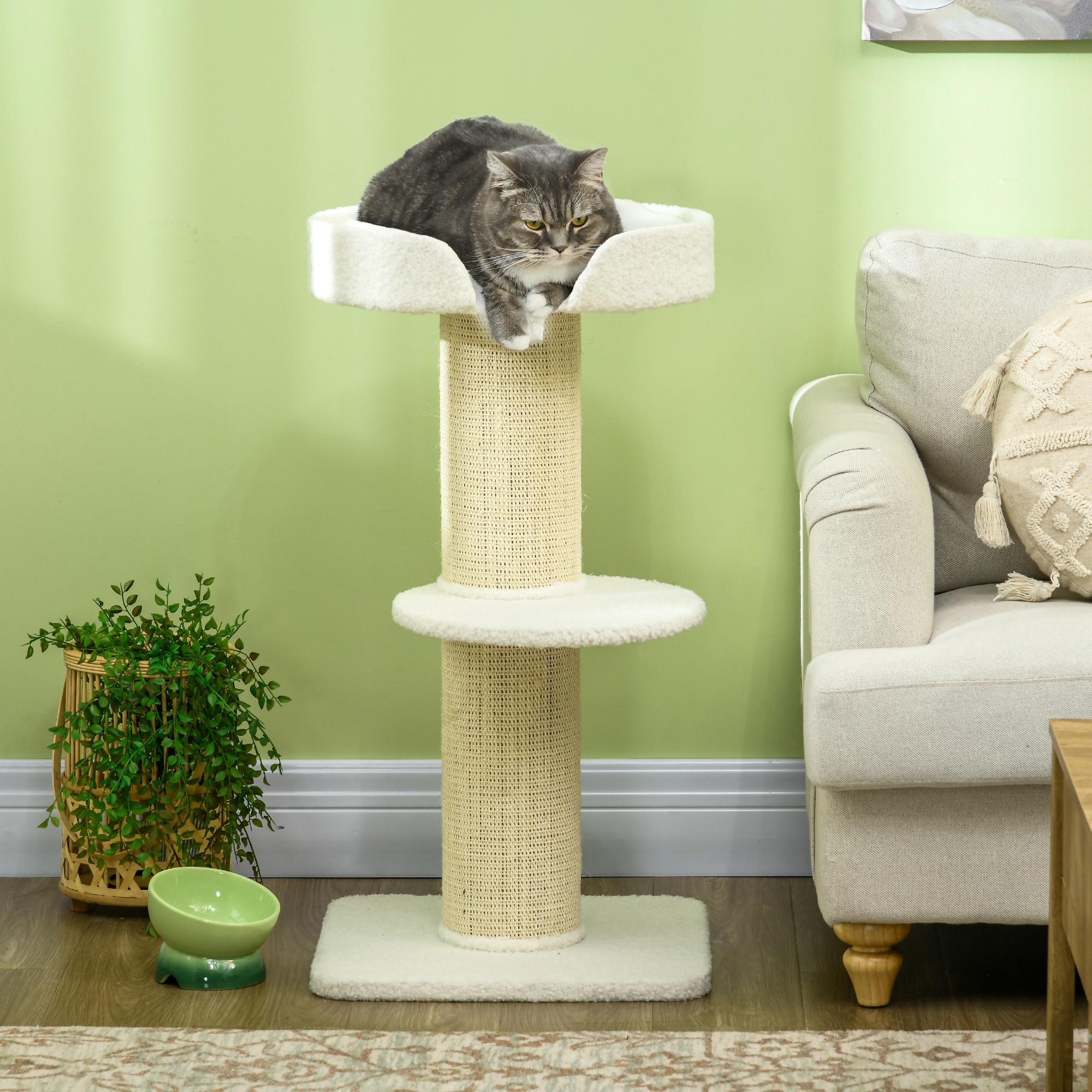 Small 91 Cm Cat Tree With Cat Bed, Scratching Tree With Platform For Cats Up To 5 Kg, Sisal Lamb's Wool, Cream White