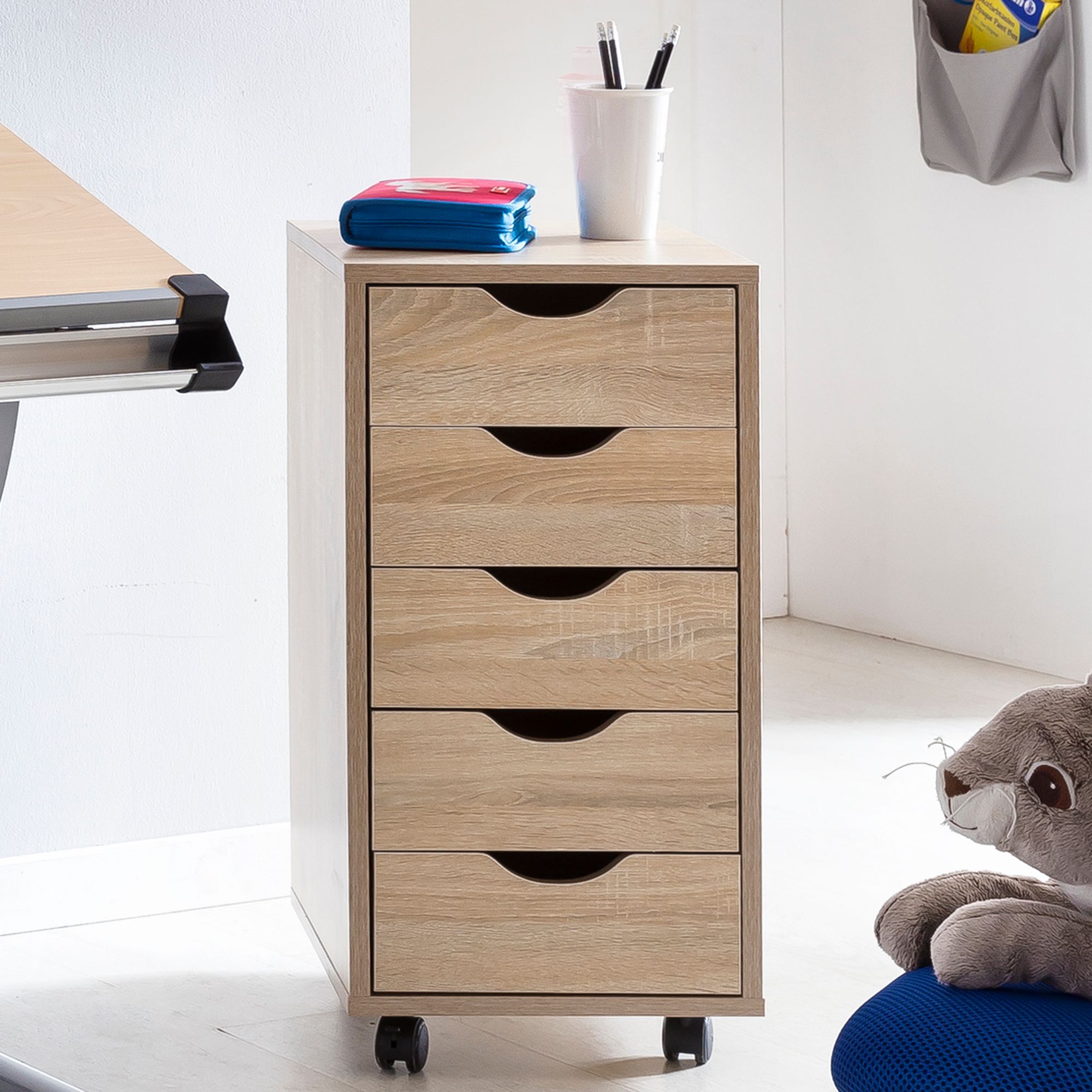Image of Children' Container 33 X 38 Cm Wood 5 Drawers, Modern Drawer Container With Rollers, Standing Container, Roller Cart Children's Room, Storage Cabinet