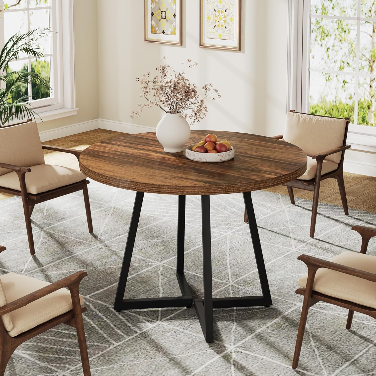 Image of Vintage Round Dining , Modern 80cm Industrial Dining Table With Metal Base, Farmhouse Kitchen Table For Dining Room, Small Space, Apartment, Office, Restaurant, Rustic