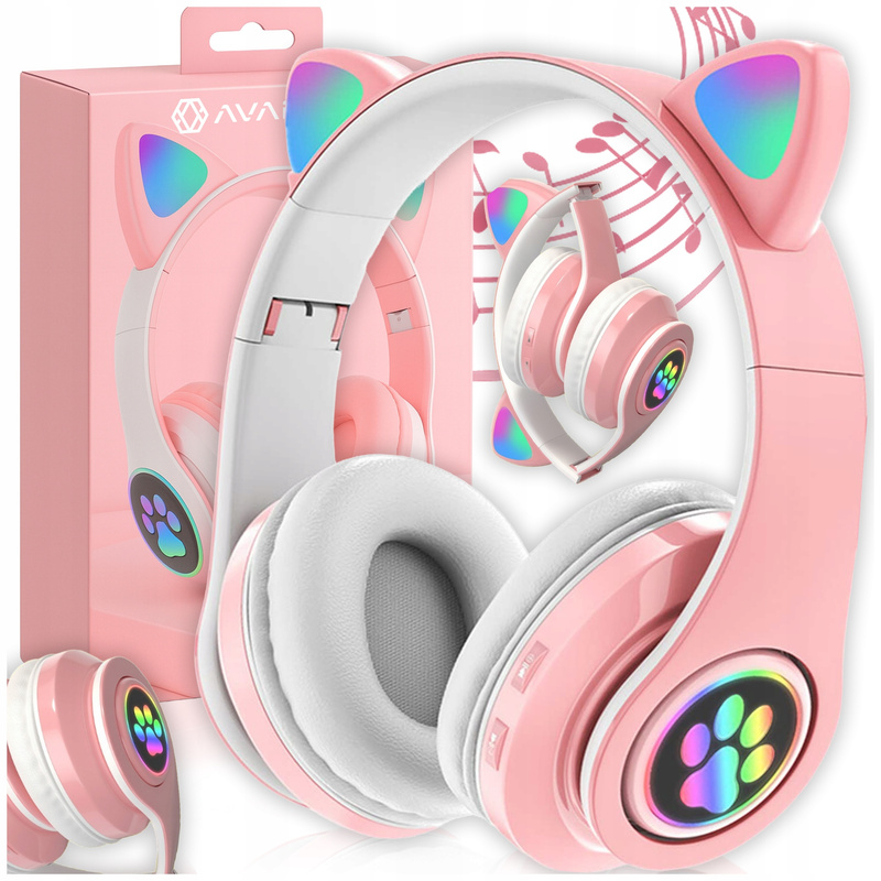 BREZŽIčRNE SLUŠALKE KITTY EARS BLUETOOTH 5.0 RGB LED. Barvite osvetljene gaming slušalke. Zložljive slušalke z mikrofonom. Bralnik Micro SD