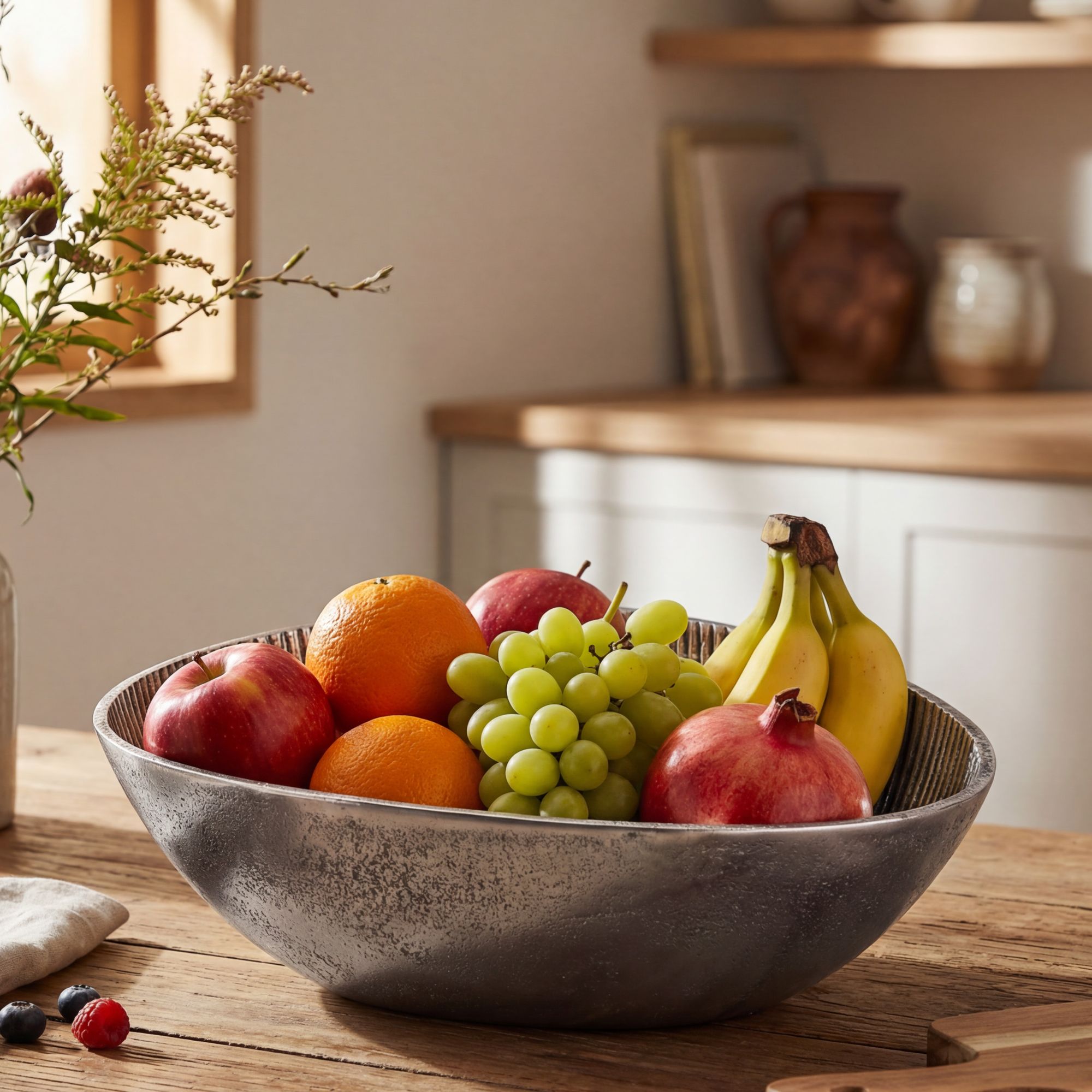 Image of Fruit Bowl Silver Metal Bowl 30cm Table Decor Oval - Modern Fruit Basket Grooved Design In Aluminum - Elegant Metal Bowl - Aluminum Fruit Bowl Handmade