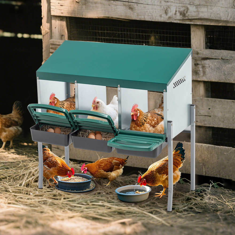 Image of Chicken Nesting Box With 3 Nesting Holes & Legs | Including Cover For Outdoor Area | For Chicken Coop, Poultry Farm, Hobby Farm | Color Green | Weather-protected Design