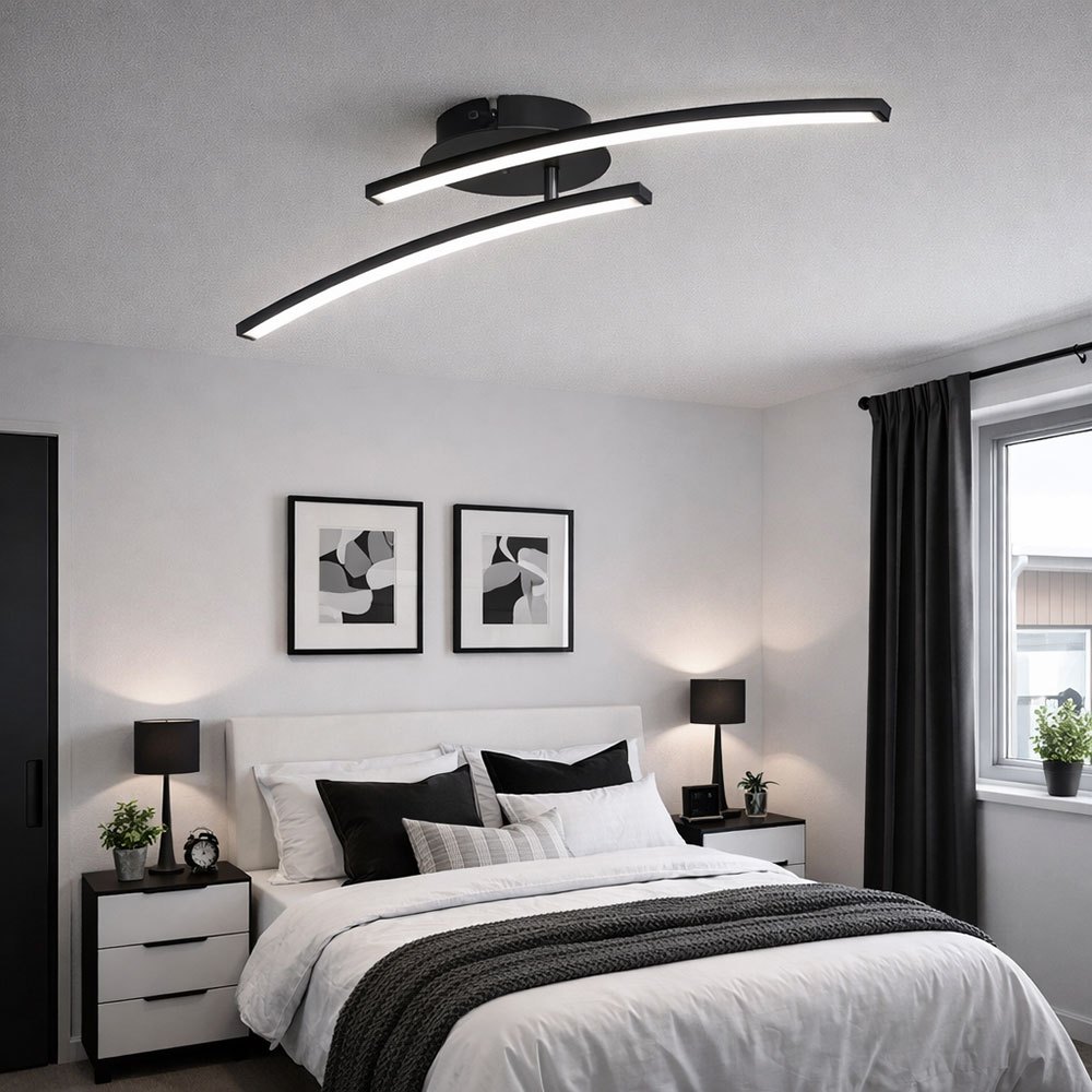 Image of Modern Led Ceiling Light, Daylight Ceiling Lamp For Living Room, Matte Black, Rod Design, 1x Led 12w 1000lm 3000-6000k, Lxwxh 59x12x11 Cm