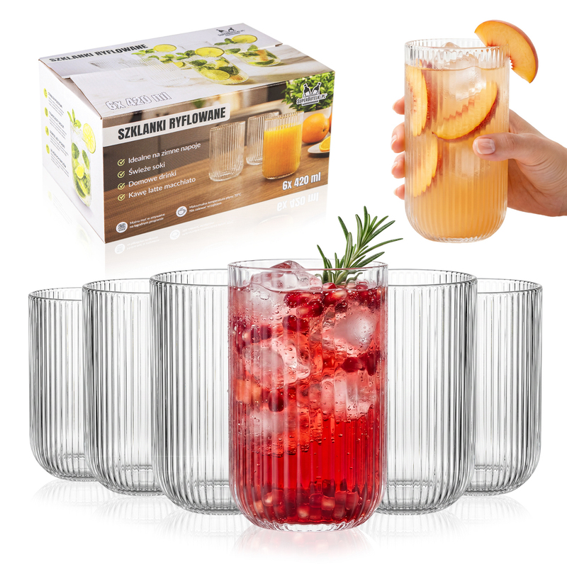 TEMU 6pcs. High Glasses For Cold Drinks, Ribbed Drinkware 420 Ml Set Of Glasses, Complete For Drinks, Beverages, Juice, Water, For Drinks