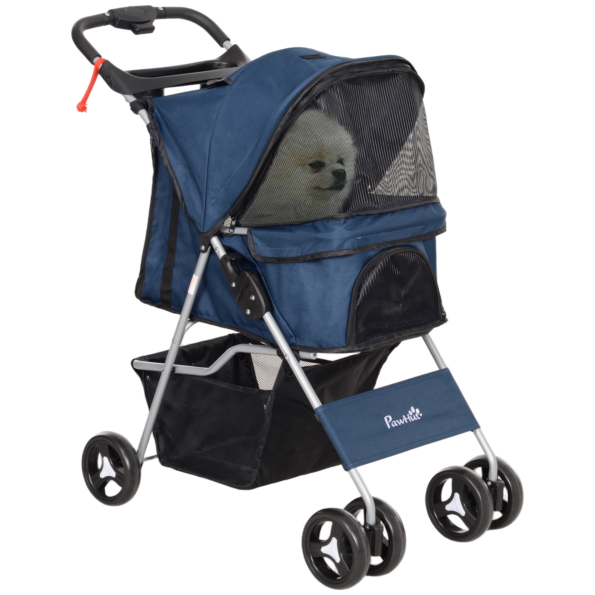Foldable Pet Stroller For Small Dogs With Adjustable Canopy, Storage Basket, 2 Universal Wheels, And , 75x46x94 Cm, Dark Blue