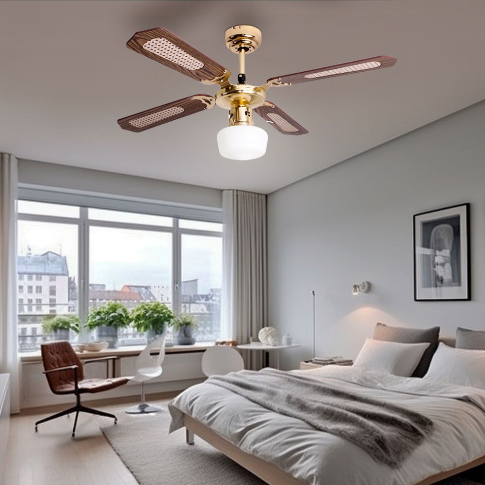 Ceiling Fan Ceiling Lamp With Fan Dining Room Air Cooler With Glass Shade, -reverse, Metal, 1x E27, D 105 Cm