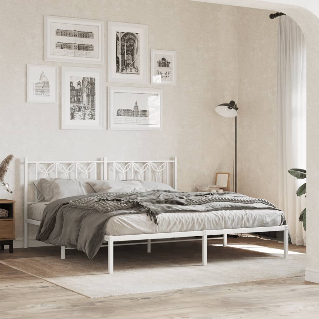 Image of Vidaxl Bed Frame, Metal Bed With Headboard, Bedroom Bed Frame With Slats, Double Bed For Bedroom, White Metal 180x200cm
