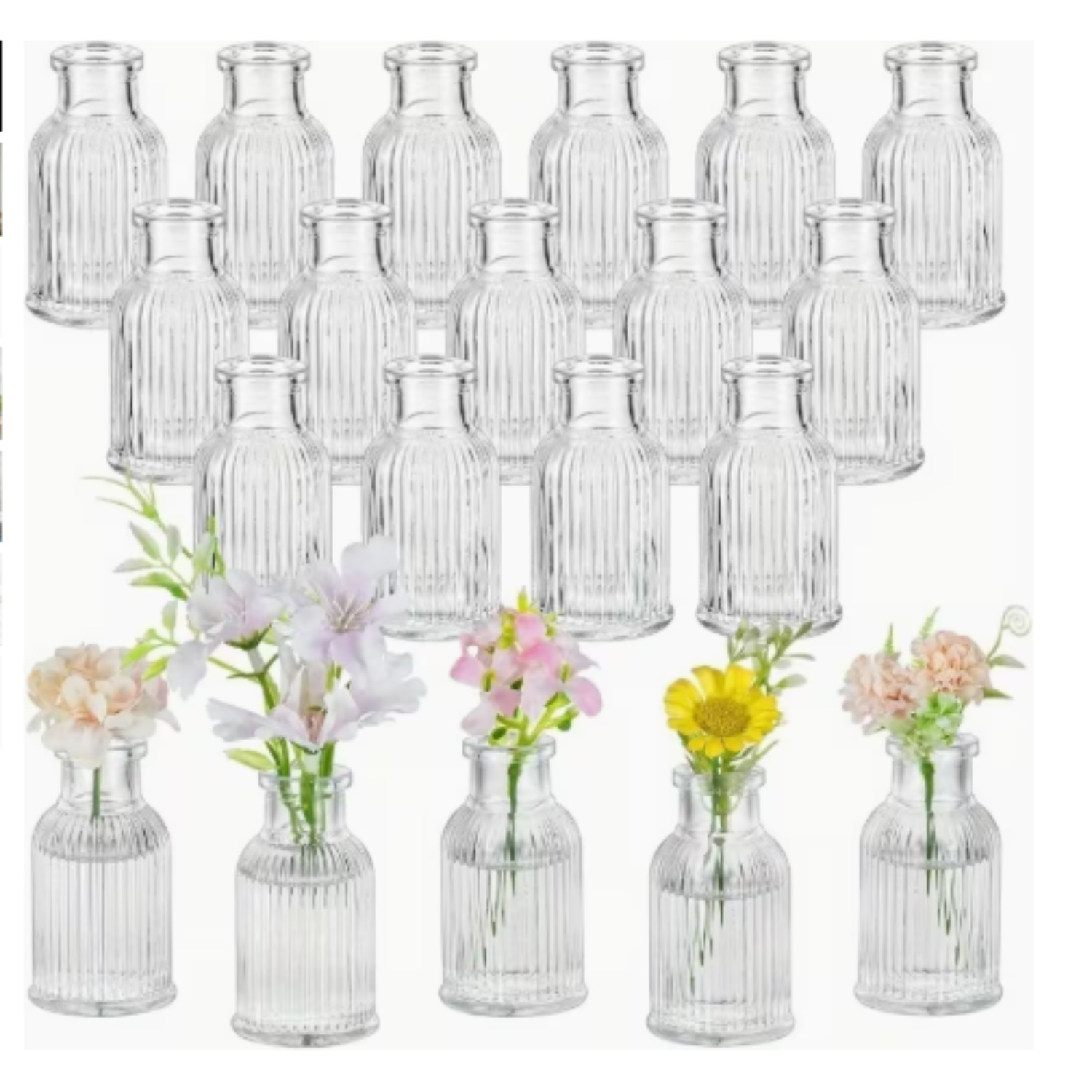 TEMU 24pcs Glass Vases, Small Flower Vase In Bulk, Clear Mini Ribbed Vases For Centerpieces, Modern Wedding Reception Table Decorations