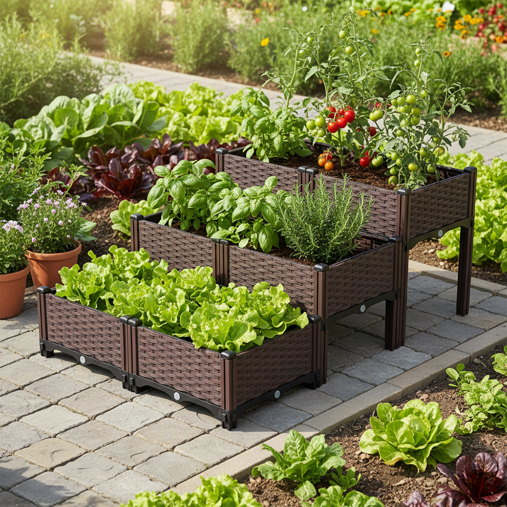 TEMU 3-tier Box-style Raised Garden Bed, Pp Material Outdoor Raised Planting Box, With Drainage Grid, Suitable For Herbs, Vegetables And Flowers,