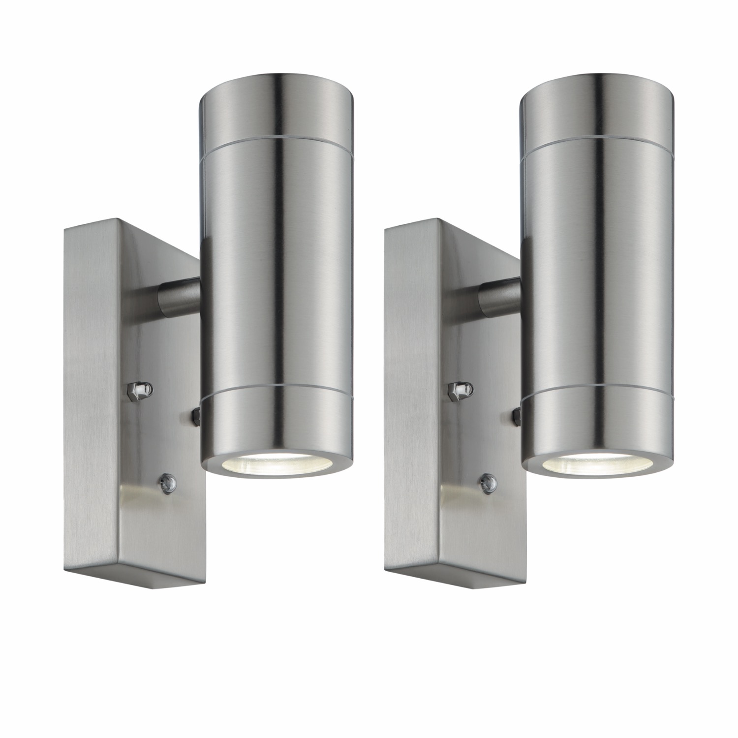 First Choice Lighting Set 2 Blaze Stainless Steel Outdoor Up Down Motion Sensor Wall Light in Silver