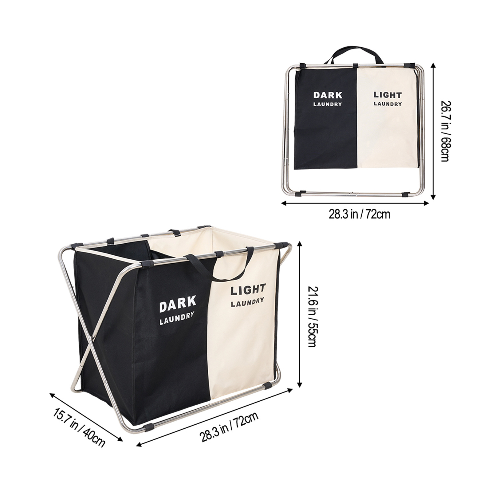 2 Compartments Laundry Basket, Foldable 2-Section Sorter