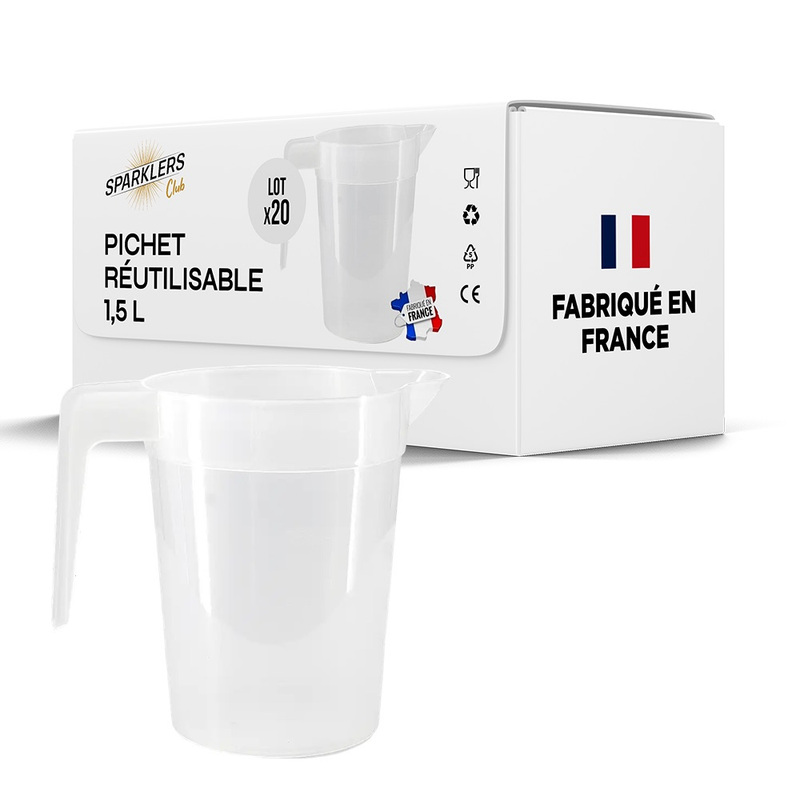 TEMU SPARKLERS CLUB Lot de 20 Pichets Réutilisables 1,5L en PP Alimentaire - Haute Résistance, Empilables, Compatibles Lave-Vaisselle (150 Lavages) -