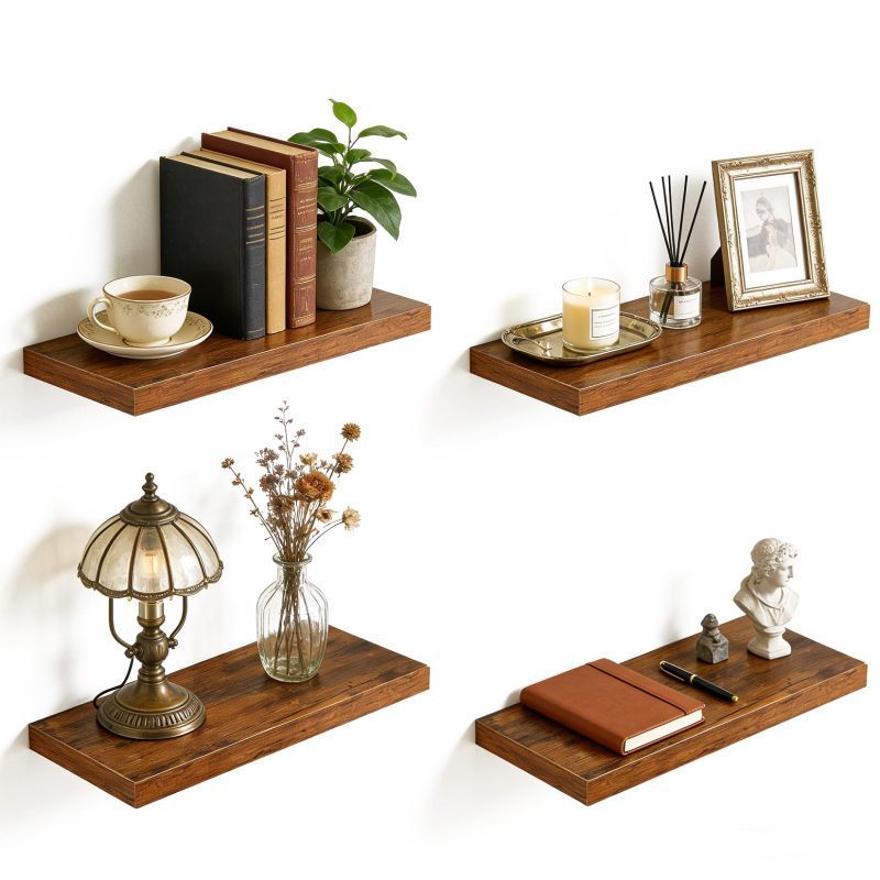 Garvee Floating Wall Shelves Set Of 4, Rustic Brown Wall Mounted Shelves With Metal Brackets, Wood Display Shelves For Bedroom, Living Room, Kitchen, Bathroom, Picture Frames, Plants And Decor