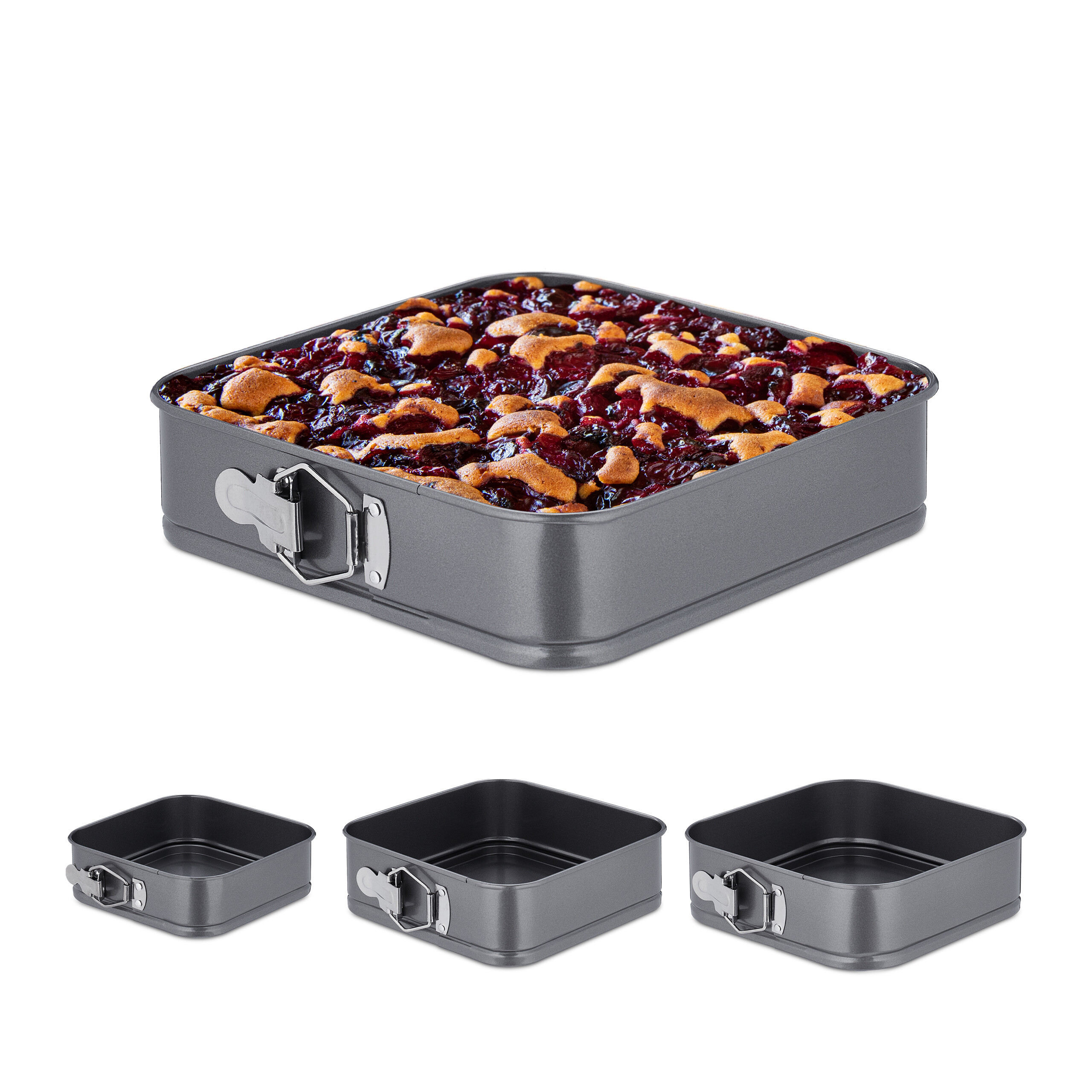 Image of Square Springform Pans, Set Of 4, 15, 18, 22, And , Stainless Steel, , Coated, Heat Resistant Up To 220°c, For Cakes, Cake Bases, And Brownies, Baking Pans, Cake Pans, Cake Base Pans, Relaxdays