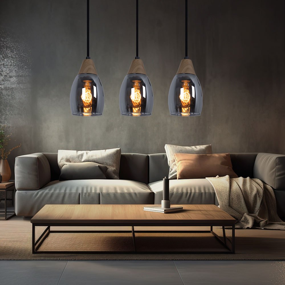 Image of Glass Pendant Light, Smoked Glass Hanging Lamp, 3-flame, Natural Wood, Smoked Glass, Black Metal, 3x E27 Sockets, Lxwxh 55x10x120cm