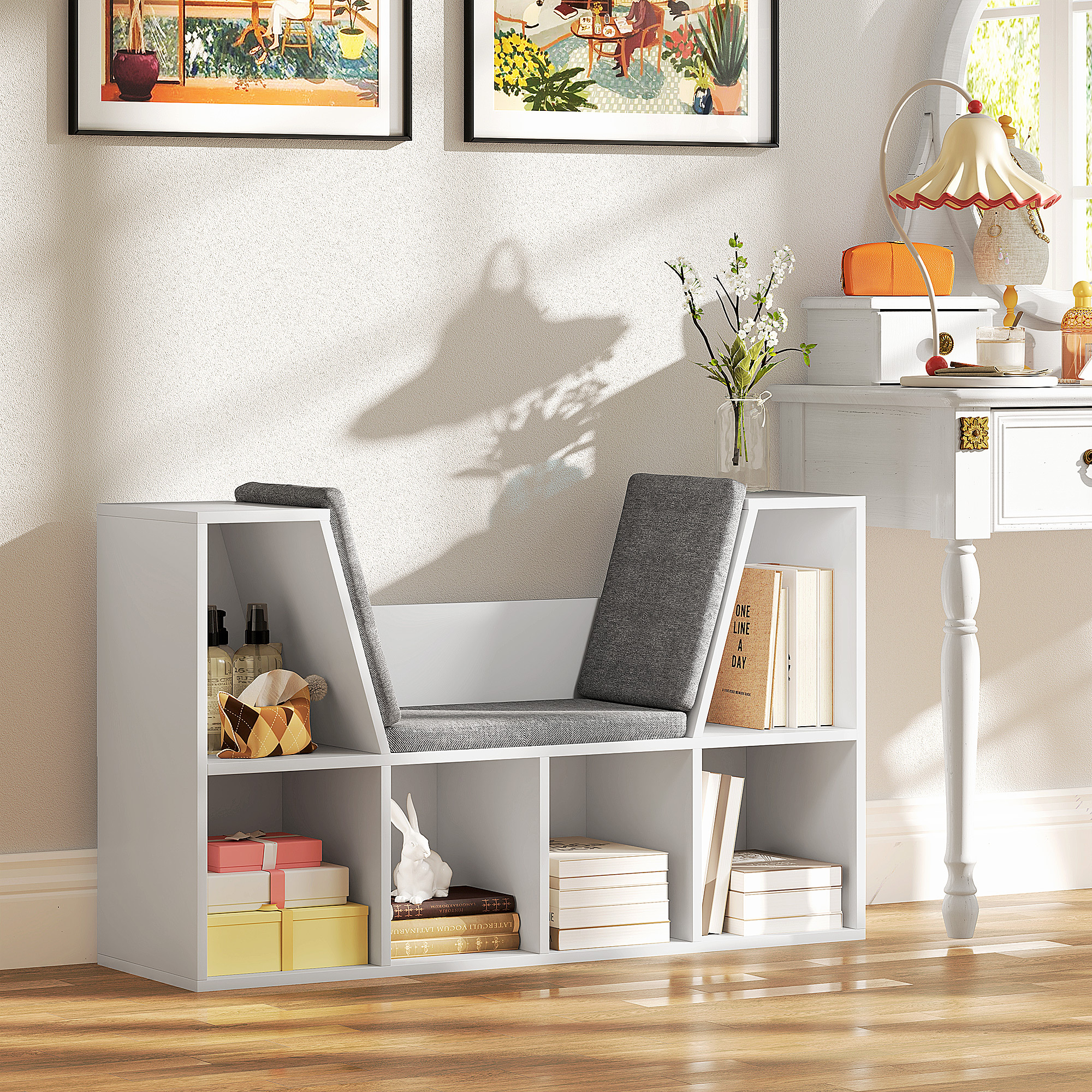 Bookshelf Storage Bench With Compartments Toy Shelf Bookcase For Bedroom, 105 X 30 Cm White