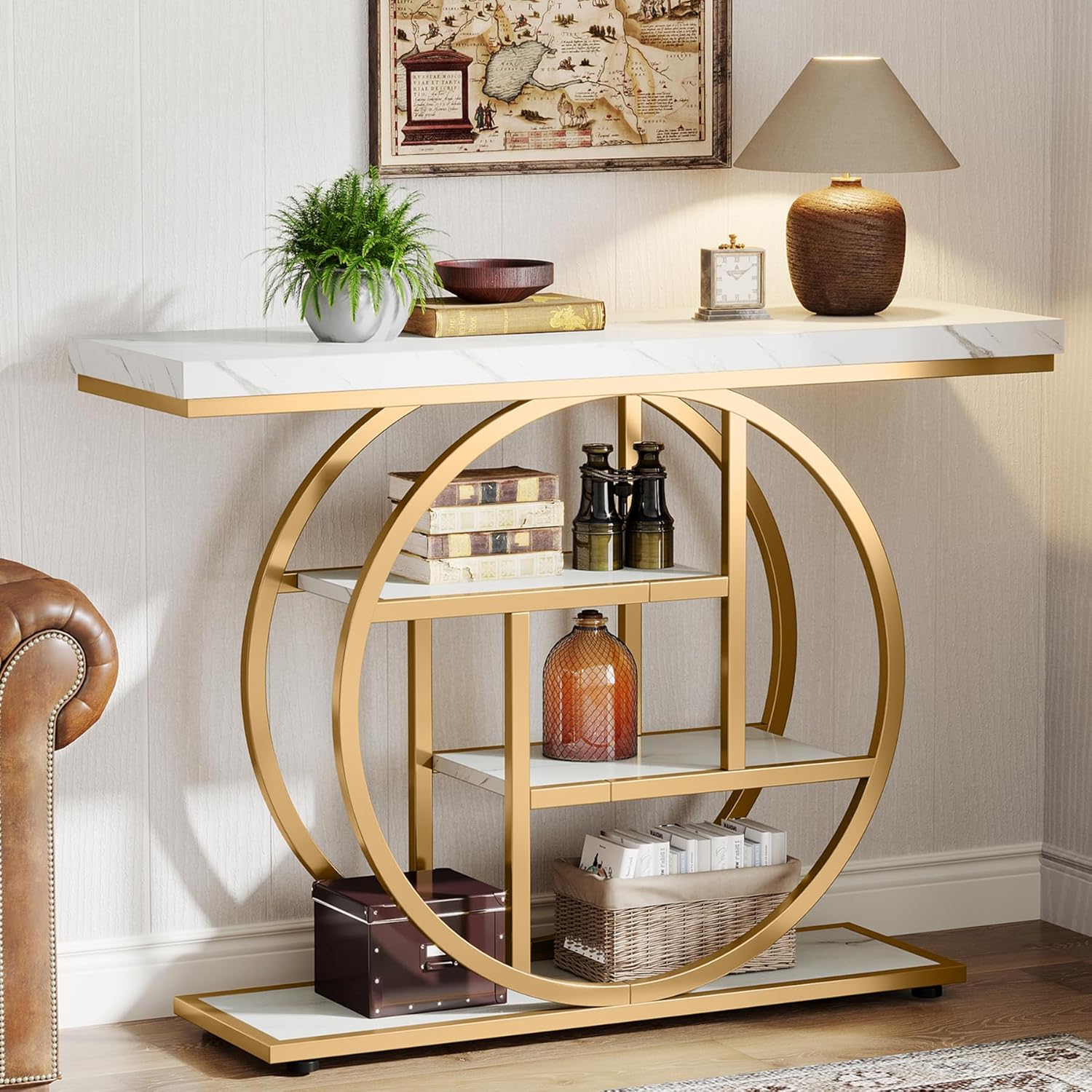 Modern Console Table, 105 X 30 Cm Industrial 4 Tier Sofa Table, Entrance Table With Circular Base, Narrow Wood Accent Tables With Shelves For Living Room, Hallway, Foyer, White Gold