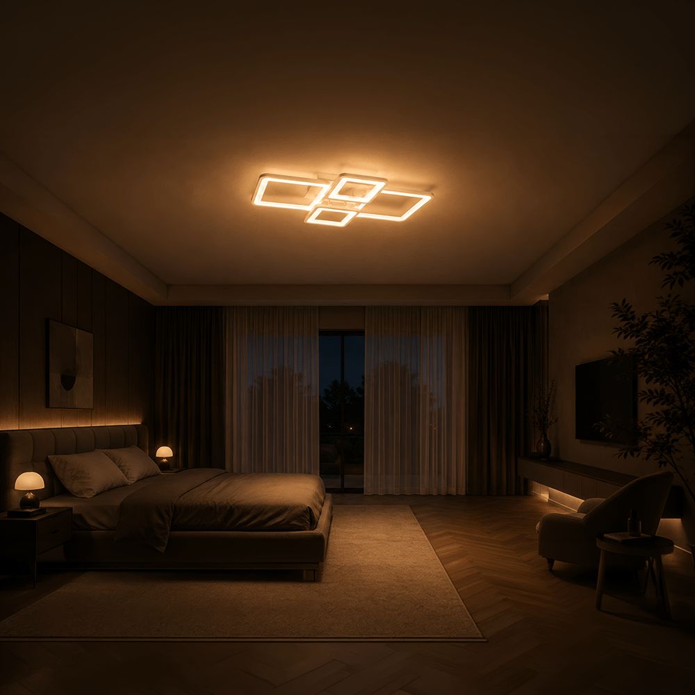TEMU Lustra LED con Control Remoto ELLA de 2 Años de Garantía 85W, 4 Paneles, Luz Fría//Neutral, Regulable, , Flujo 6800Lm, .5 Cm, Ajustable, 3000K,