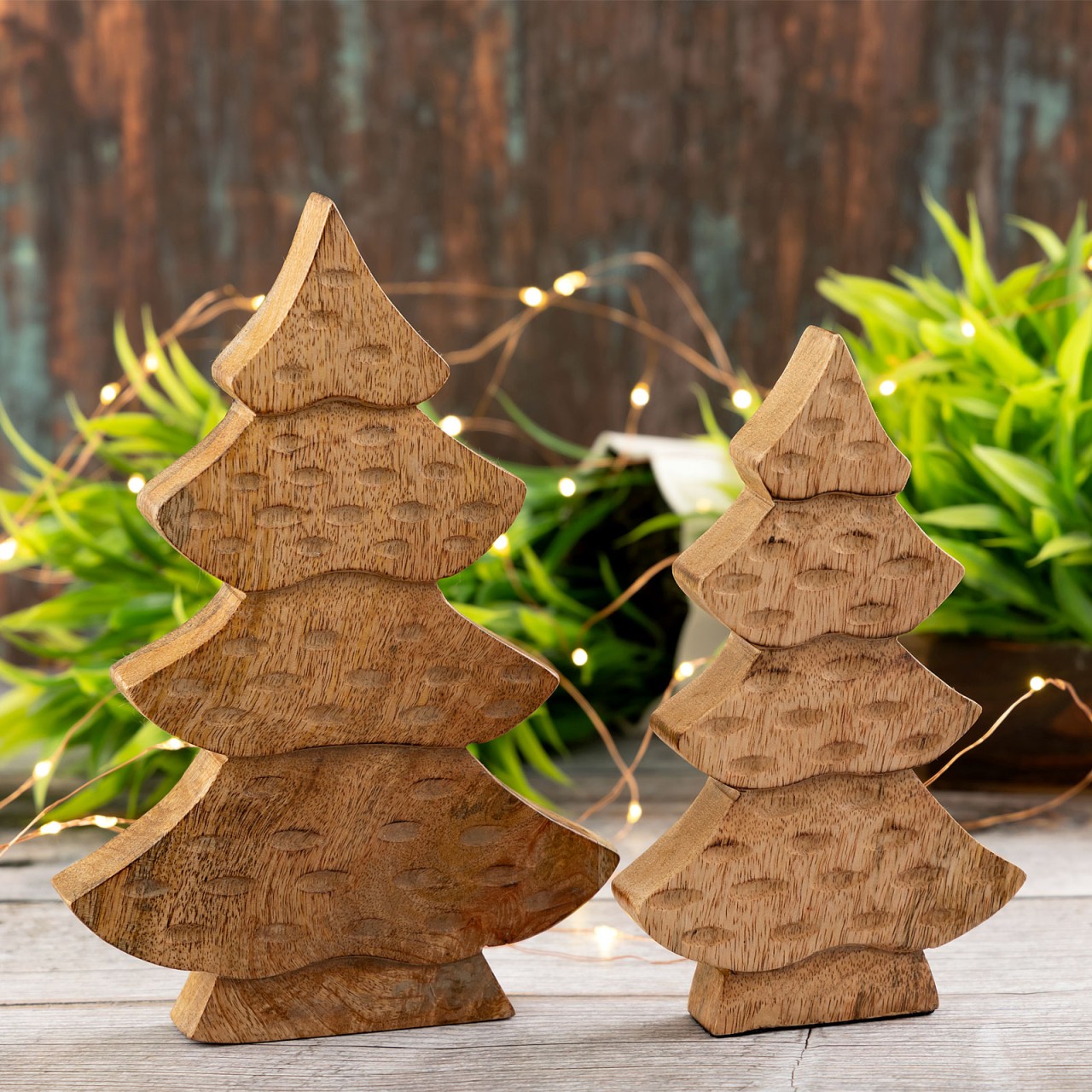 Image of Decorative Tree 2pcs Set Wooden Figure H23/20cm Wooden Tree Christmas Decoration Mango Wood