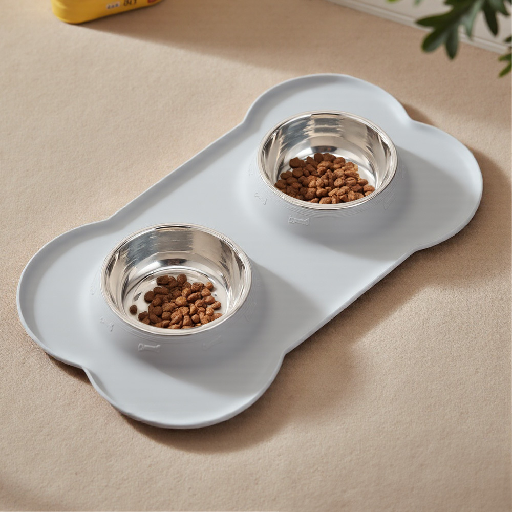 Double Dog and Cat Feeding Bowls with Non-Slip Bottom and Mat Tray