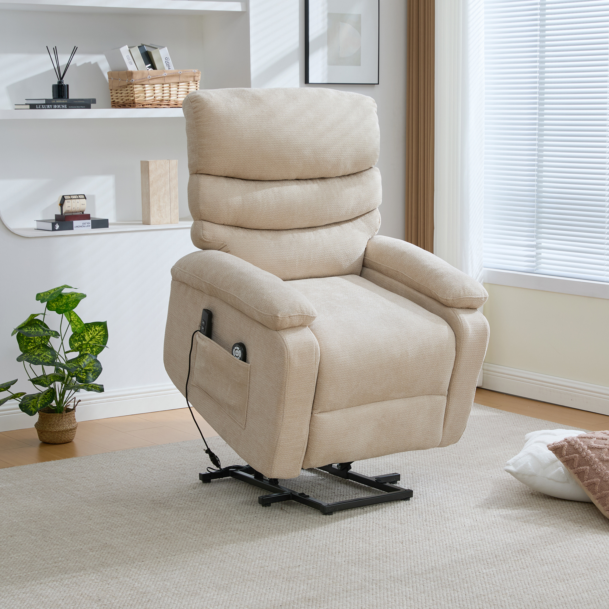 Multifunctional Recliner Chair With Assist, Adjustable Backrest And Footrest, And Side Storage Pockets. Taupe