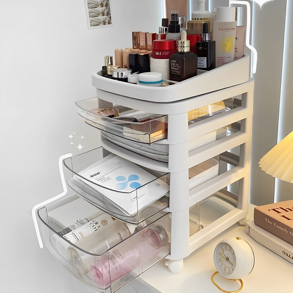 Floor Standing Cosmetic Storage Tower with Transparent Drawers, Portable Design