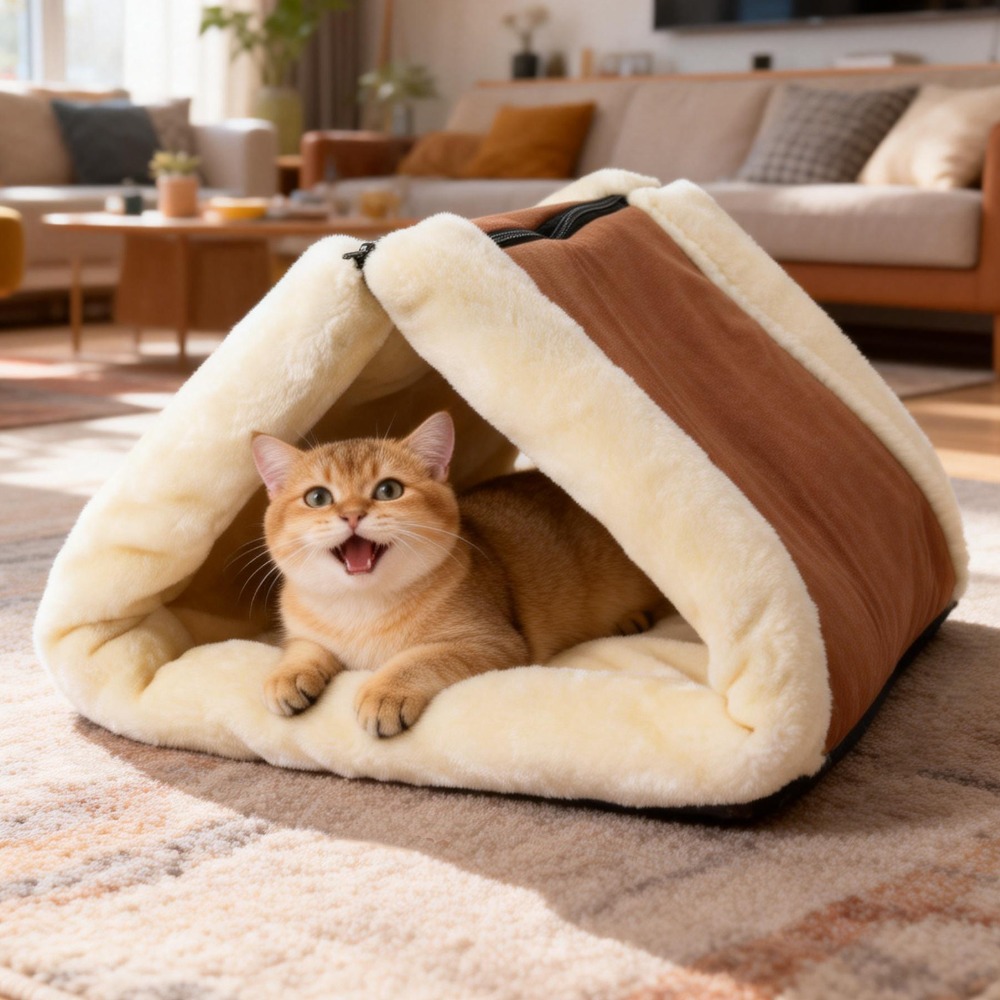 TEMU Cat Bed Mat -in-1 Pet Tunnel Bed Cat Cushion Convertible Plush With Zipper Machine Washable Portable For Travel Car Cozy Retreat For Security (,