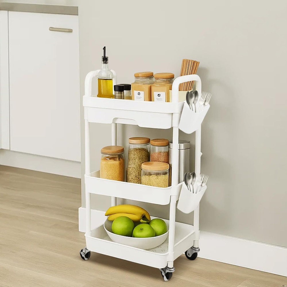 TEMU Beauty Trolley On Wheels 3 Tier Storage Trolley With Drawer Plastic Rolling Utility Cart Craft Trolleys On Wheels Plastic Stainless Steel Mobile