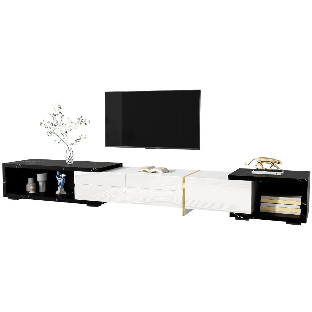 Modern Tv Cabinet With Variable Length (140-260 Cm), Rotatable Function, Black Marble Optic, White High-gloss And Golden Decorations. Description: Cabinet Combines Modern...