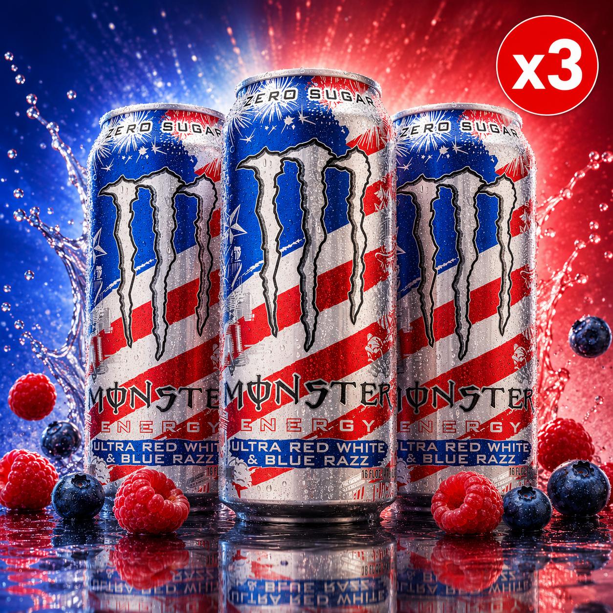 Image of Monster Energy Ultra Red White & Blue Razz 0 Sugar Pack De 3 × 473 Ml