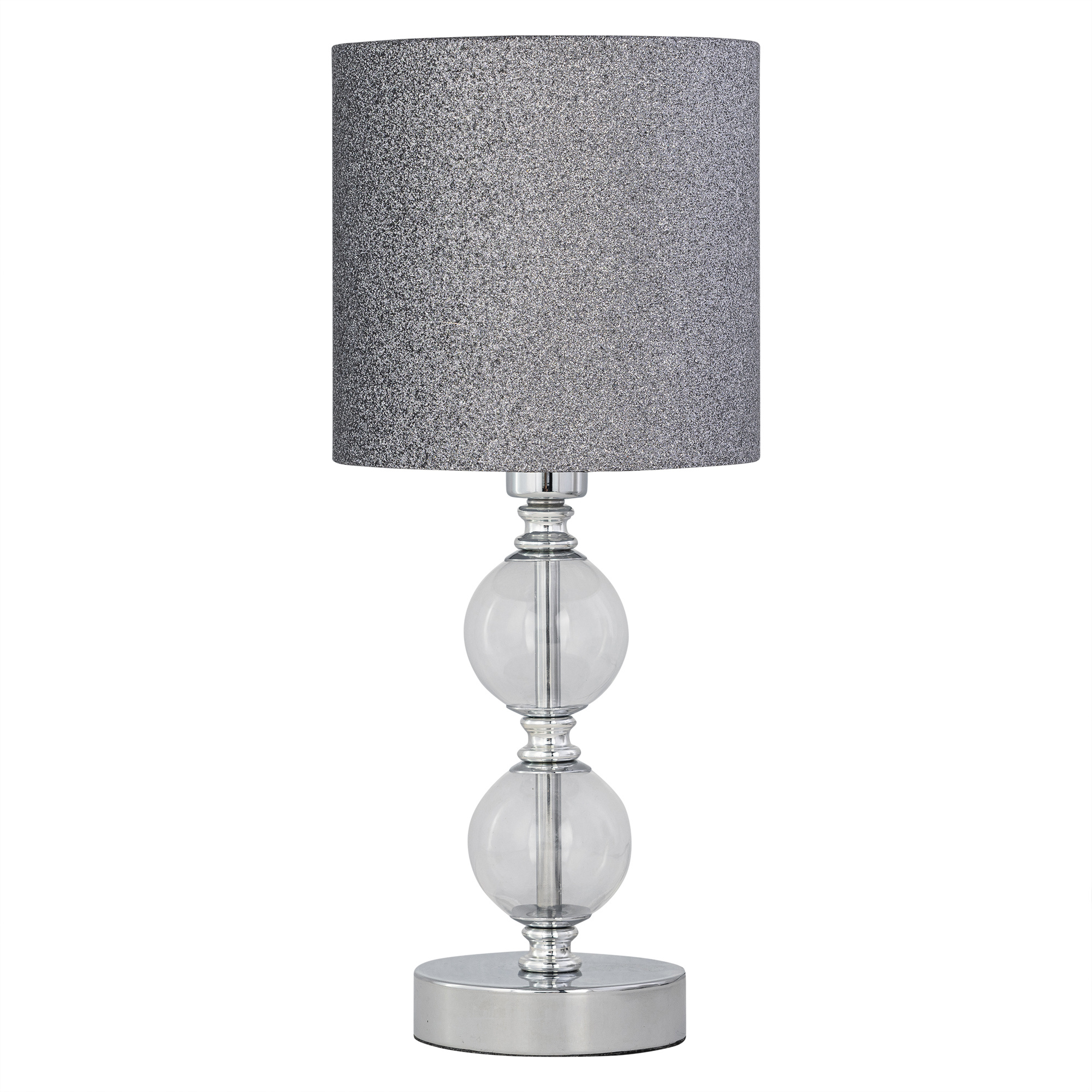 First Choice Lighting Chrome Two Ball Table Lamp with Silver Glitter Shade