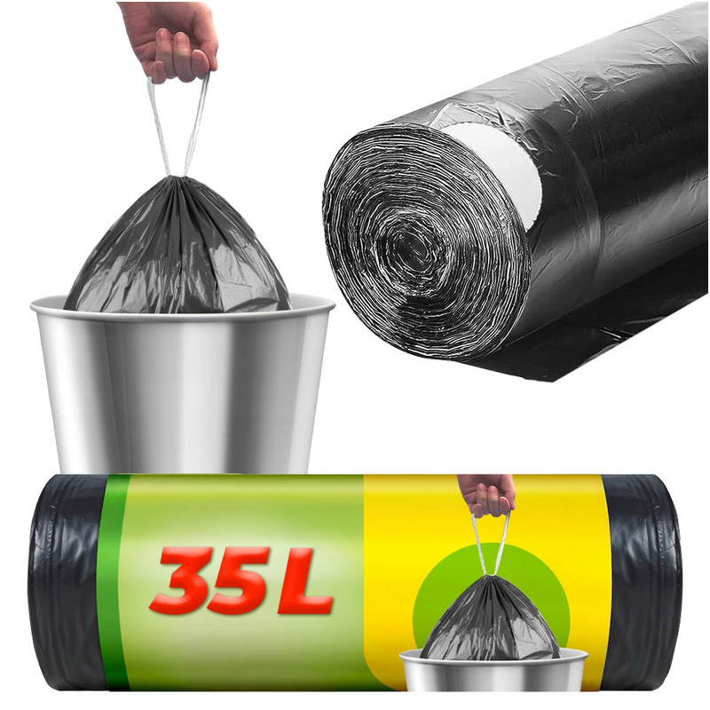 E-shop Müllbeutel 35L, Schwarz, 10 Stück, Klassisch, mit Kordelzug, zum Zubinden, 1 Rolle, aus dickem Folienmaterial, reiß- und auslaufsicher, schwarze