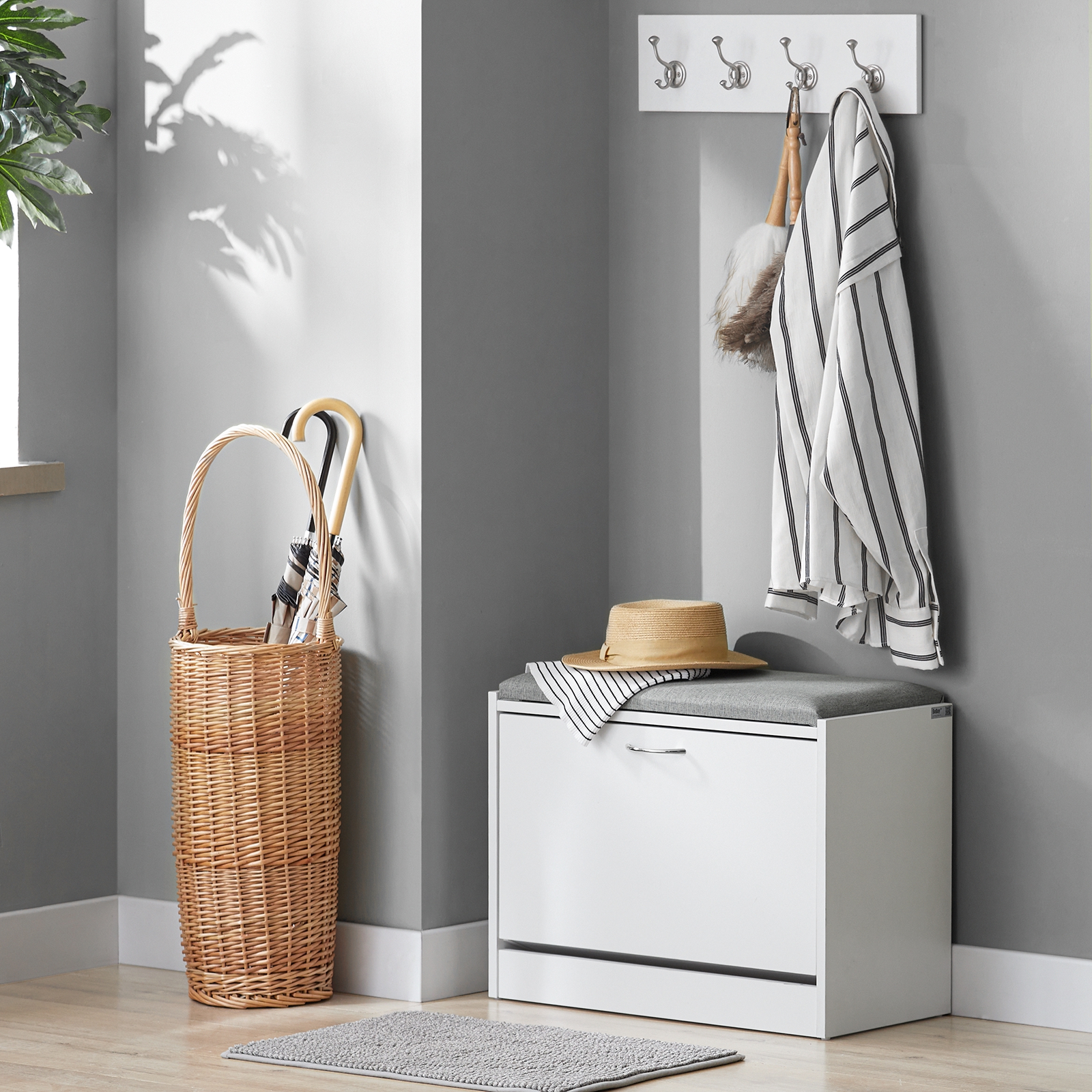 Shoe Bench Narrow With Seat Surface & Storage Space – Bench With Flap & Shoe Rack Space- For Hallway & Entrance – White+light Grey, 60x46x30 Cm, Up To 120 Kg – Fsr16-hg