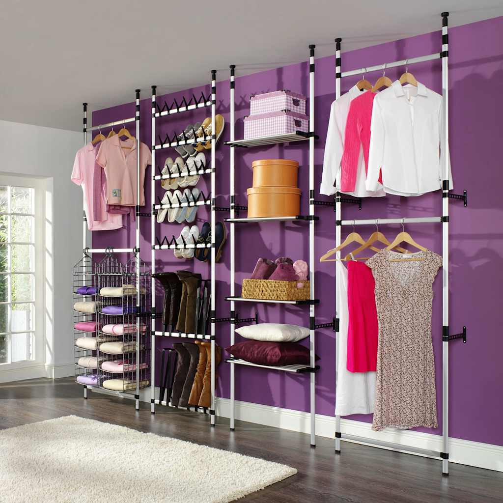 Image of Vidaxl Telescopic Wardrobe With Rods Shelf Wardrobe Stand Clothes Rail Closet Shelving System For 6 Pairs Of Shoes Aluminium