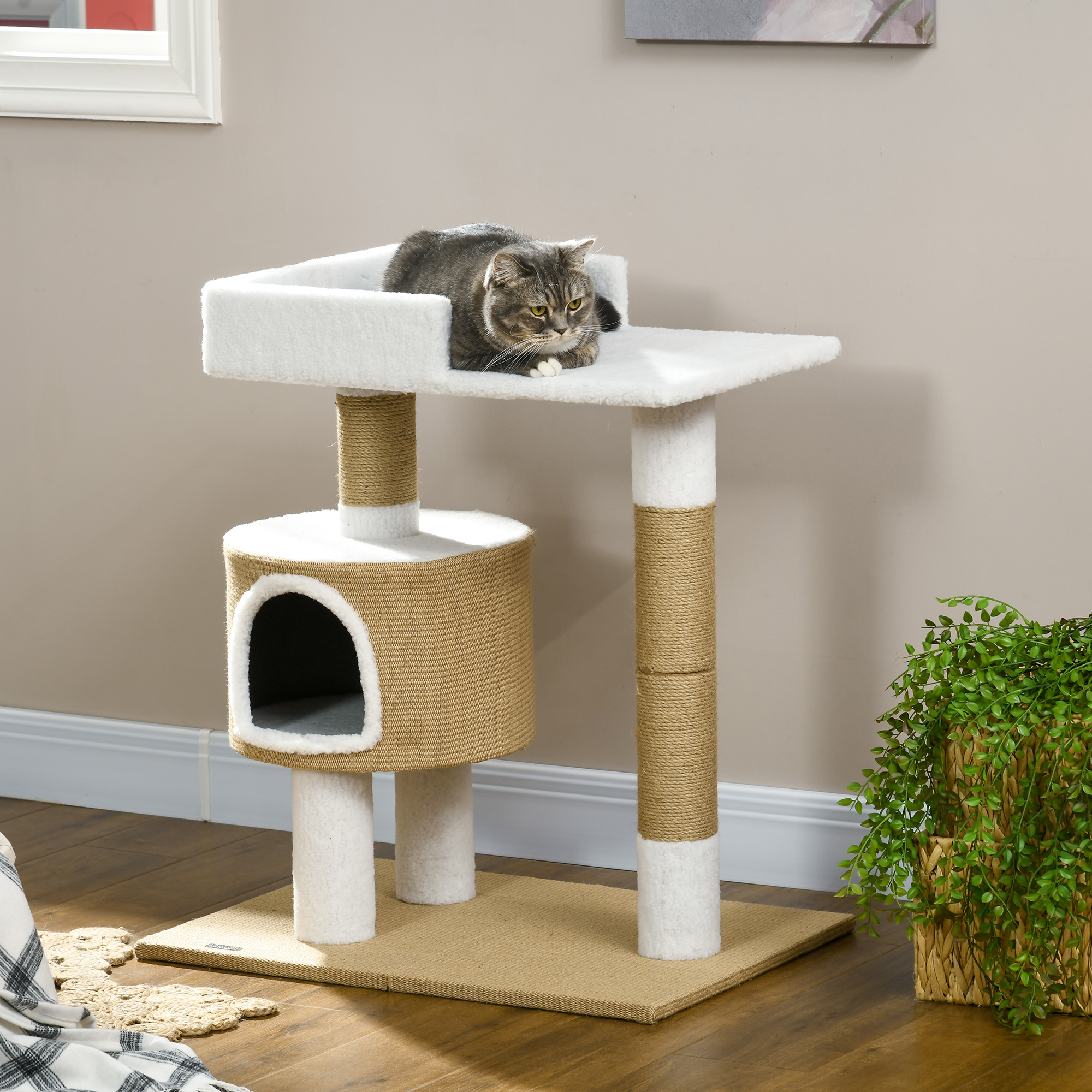 Image of Pawhut Cat Tree 79 Cm Small Cat Tree With Cat Cave, Cat Scratching Tree With Lounging Area, Jute Climbing Tree For Cats Up To 8 Kg, Cat Furniture, Brown, White, Cashmere